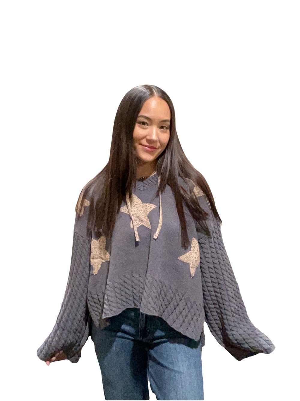 POL Charcoal Knit Star Hoodie Sweater with Beige Stars